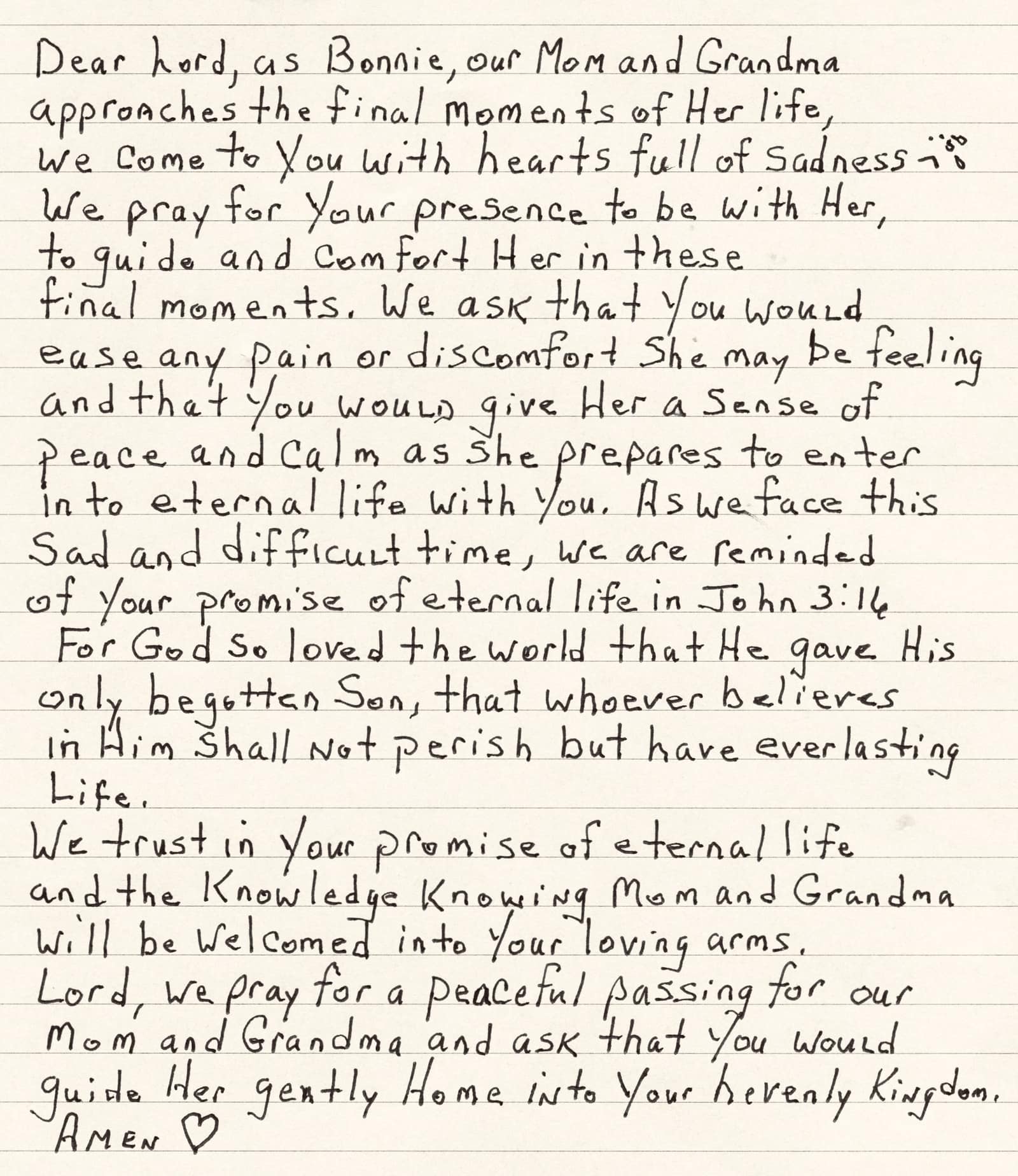 A handwritten prayer